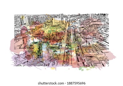 Building view with landmark of Campina Grande is the 
city in Brazil. Watercolour splash with hand drawn sketch illustration in vector.