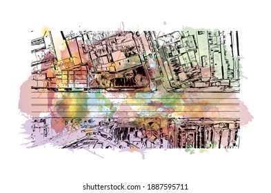 Building view with landmark of Campina Grande is the 
city in Brazil. Watercolour splash with hand drawn sketch illustration in vector.