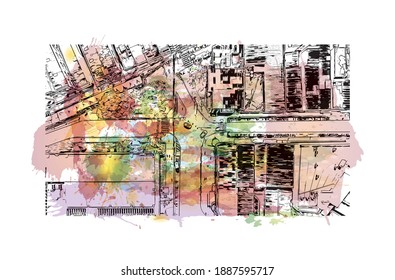 Building view with landmark of Campina Grande is the 
city in Brazil. Watercolour splash with hand drawn sketch illustration in vector.