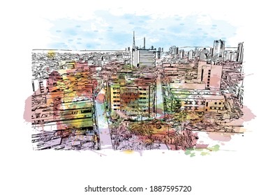 Building view with landmark of Campina Grande is the 
city in Brazil. Watercolour splash with hand drawn sketch illustration in vector.