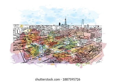 Building view with landmark of Campina Grande is the 
city in Brazil. Watercolour splash with hand drawn sketch illustration in vector.