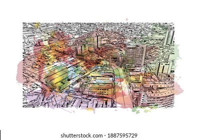Building view with landmark of Campina Grande is the 
city in Brazil. Watercolour splash with hand drawn sketch illustration in vector.