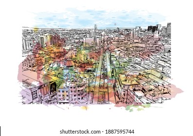 Building view with landmark of Campina Grande is the 
city in Brazil. Watercolour splash with hand drawn sketch illustration in vector.