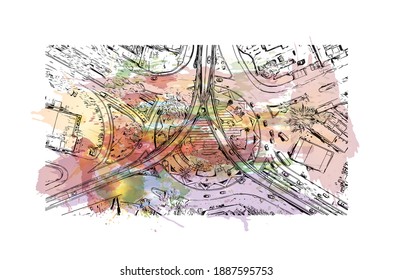 Building view with landmark of Campina Grande is the 
city in Brazil. Watercolour splash with hand drawn sketch illustration in vector.