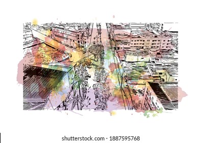 Building view with landmark of Campina Grande is the 
city in Brazil. Watercolour splash with hand drawn sketch illustration in vector.