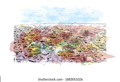 Building view with landmark of Campo Grande is a city in west central Brazil. Watercolour splash with hand drawn sketch illustration in vector.