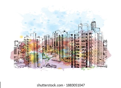 Building view with landmark of Campo Grande is a city in west central Brazil. Watercolour splash with hand drawn sketch illustration in vector.