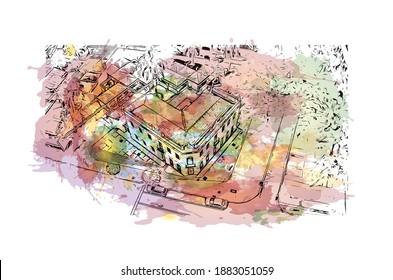 Building view with landmark of Campo Grande is a city in west central Brazil. Watercolour splash with hand drawn sketch illustration in vector.