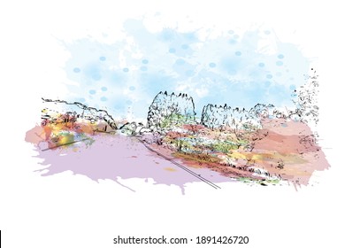 Building view with landmark of Campo Largo is the city of Brazil. Watercolour splash with hand drawn sketch illustration in vector.