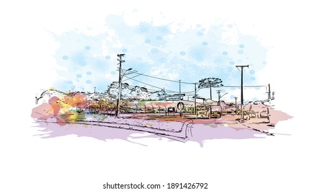Building view with landmark of Campo Largo is the city of Brazil. Watercolour splash with hand drawn sketch illustration in vector.