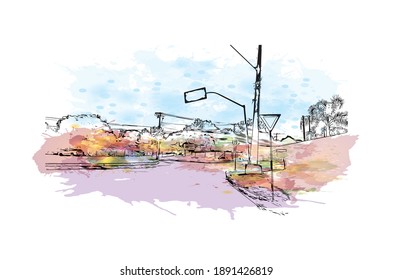 Building view with landmark of Campo Largo is the city of Brazil. Watercolour splash with hand drawn sketch illustration in vector.