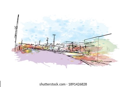 Building view with landmark of Campo Largo is the city of Brazil. Watercolour splash with hand drawn sketch illustration in vector.