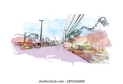 Building view with landmark of Campo Largo is the city of Brazil. Watercolour splash with hand drawn sketch illustration in vector.