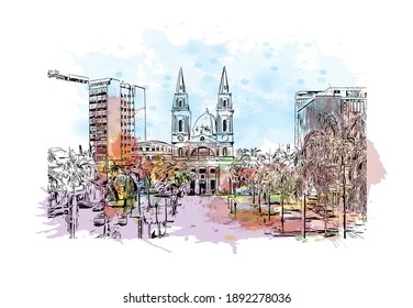 Building view with landmark of Campos dos Goytacazes is the 
municipality in Brazil. Watercolour splash with hand drawn sketch illustration in vector.