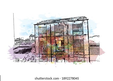 Building view with landmark of Campos dos Goytacazes is the 
municipality in Brazil. Watercolour splash with hand drawn sketch illustration in vector.