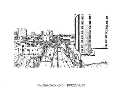 Building view with landmark of Campos dos Goytacazes is the 
municipality in Brazil. Hand drawn sketch illustration in vector.