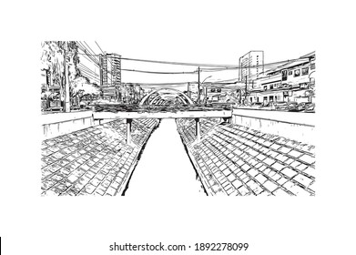 Building view with landmark of Campos dos Goytacazes is the 
municipality in Brazil. Hand drawn sketch illustration in vector.