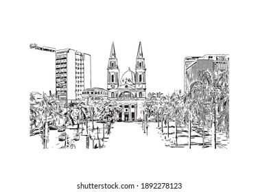 Building view with landmark of Campos dos Goytacazes is the 
municipality in Brazil. Hand drawn sketch illustration in vector.
