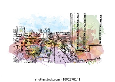 Building view with landmark of Campos dos Goytacazes is the 
municipality in Brazil. Watercolour splash with hand drawn sketch illustration in vector.