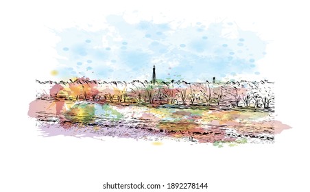 Building view with landmark of Campos dos Goytacazes is the 
municipality in Brazil. Watercolour splash with hand drawn sketch illustration in vector.