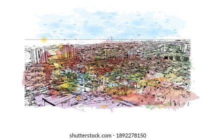 Building view with landmark of Campos dos Goytacazes is the 
municipality in Brazil. Watercolour splash with hand drawn sketch illustration in vector.
