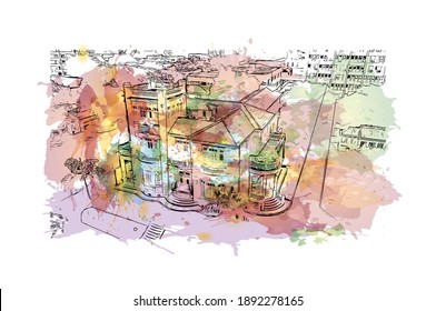 Building view with landmark of Campos dos Goytacazes is the 
municipality in Brazil. Watercolour splash with hand drawn sketch illustration in vector.