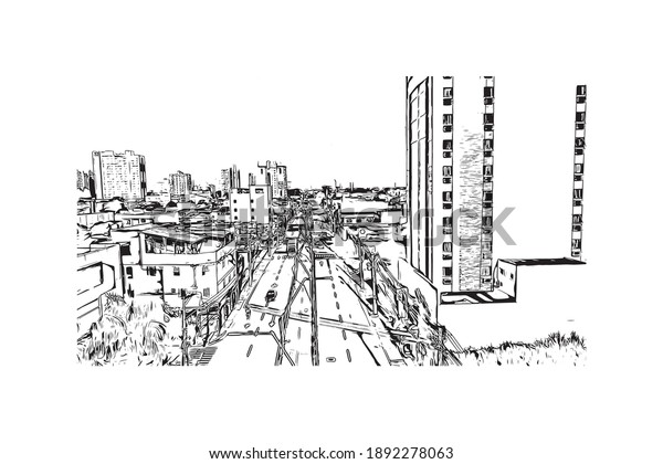 Building view with landmark of Campos dos\
Goytacazes is the \
municipality in Brazil. Hand drawn sketch\
illustration in\
vector.