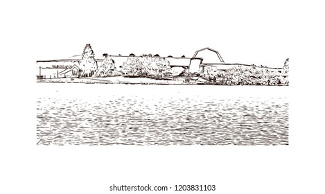 Building view with landmark of Canberra is the capital city of Australia. Hand drawn sketch illustration in vector.