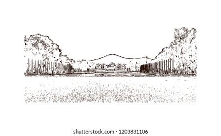 Building view with landmark of Canberra is the capital city of Australia. Hand drawn sketch illustration in vector.