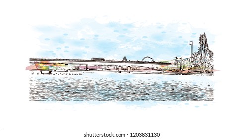Building view with landmark of Canberra is the capital city of Australia. Watercolor splash with Hand drawn sketch illustration in vector.