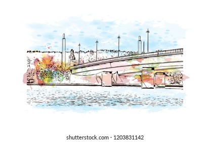 Building view with landmark of Canberra is the capital city of Australia. Watercolor splash with Hand drawn sketch illustration in vector.