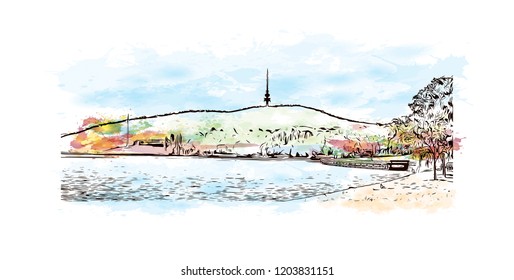 Building view with landmark of Canberra is the capital city of Australia. Watercolor splash with Hand drawn sketch illustration in vector.