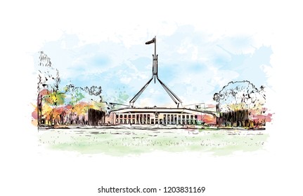 Building view with landmark of Canberra is the capital city of Australia. Watercolor splash with Hand drawn sketch illustration in vector. svg