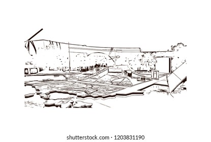 Building view with landmark of Canberra is the capital city of Australia. Hand drawn sketch illustration in vector.