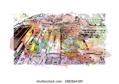 Building view with landmark of Canberra is the capital city in Australia. Watercolour splash with hand drawn sketch illustration in vector.