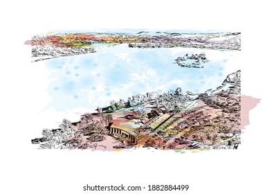 Building view with landmark of Canberra is the capital city in Australia. Watercolour splash with hand drawn sketch illustration in vector.
