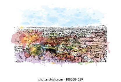 Building view with landmark of Canberra is the capital city in Australia. Watercolour splash with hand drawn sketch illustration in vector.
