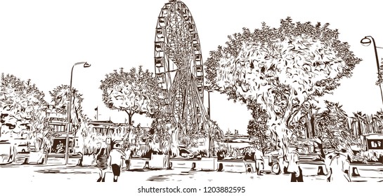 Building view with landmark of Cannes City in France. Cannes, a resort town on the French Riviera. Hand drawn sketch illustration in vector.