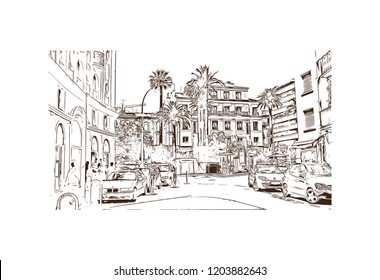 Building view with landmark of Cannes City in France. Cannes, a resort town on the French Riviera. Hand drawn sketch illustration in vector.