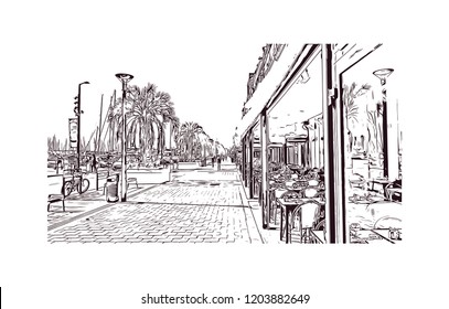 Building view with landmark of Cannes City in France. Cannes, a resort town on the French Riviera. Hand drawn sketch illustration in vector.