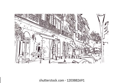 Building view with landmark of Cannes City in France. Cannes, a resort town on the French Riviera. Hand drawn sketch illustration in vector.