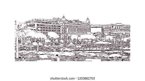 Building view with landmark of Cannes City in France. Cannes, a resort town on the French Riviera. Hand drawn sketch illustration in vector.