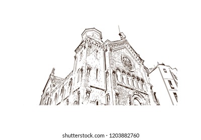 Building view with landmark of Cannes City in France. Cannes, a resort town on the French Riviera. Hand drawn sketch illustration in vector.