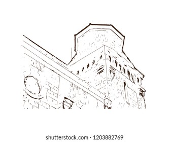 Building view with landmark of Cannes City in France. Cannes, a resort town on the French Riviera. Hand drawn sketch illustration in vector.
