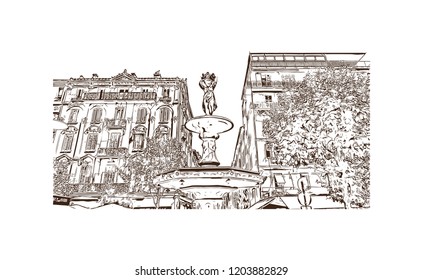 Building view with landmark of Cannes City in France. Cannes, a resort town on the French Riviera. Hand drawn sketch illustration in vector.