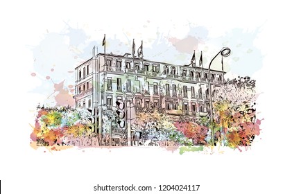 Building view with landmark of Cannes City in France. Watercolor splash with hand drawn sketch illustration in vector.
