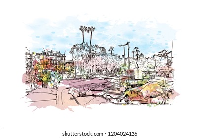 Building view with landmark of Cannes City in France. Watercolor splash with hand drawn sketch illustration in vector.