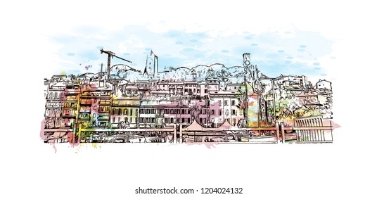 Building view with landmark of Cannes City in France. Watercolor splash with hand drawn sketch illustration in vector.