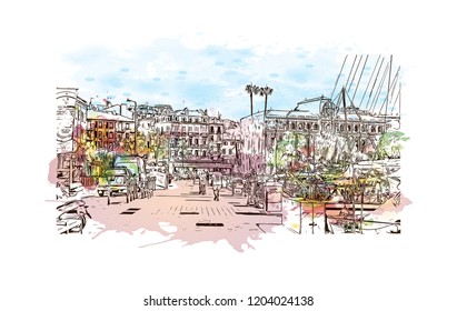 Building view with landmark of Cannes City in France. Watercolor splash with hand drawn sketch illustration in vector.