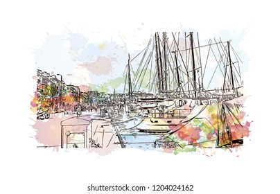 Building view with landmark of Cannes City in France. Watercolor splash with hand drawn sketch illustration in vector.